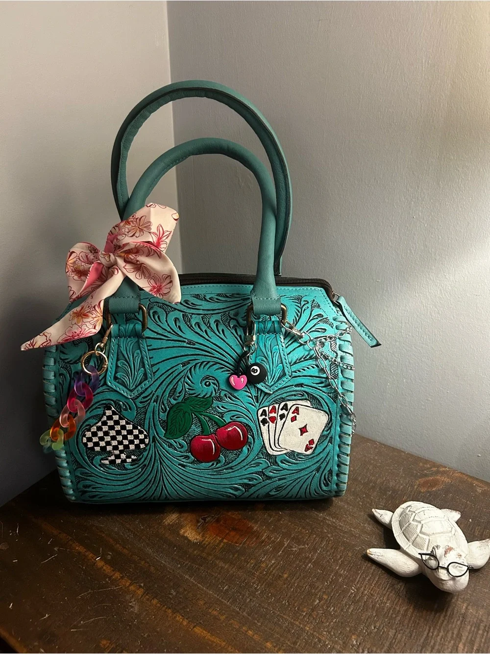 Turquoise Embossed Leather Satchel with Cherry & Card Appliqués